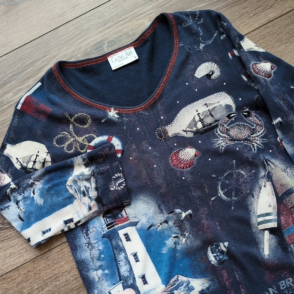 Cactus Bay Apparel Nautical Beach Lighthouse 3/4 Sleeve Shirt - Cotton USA -‎ S